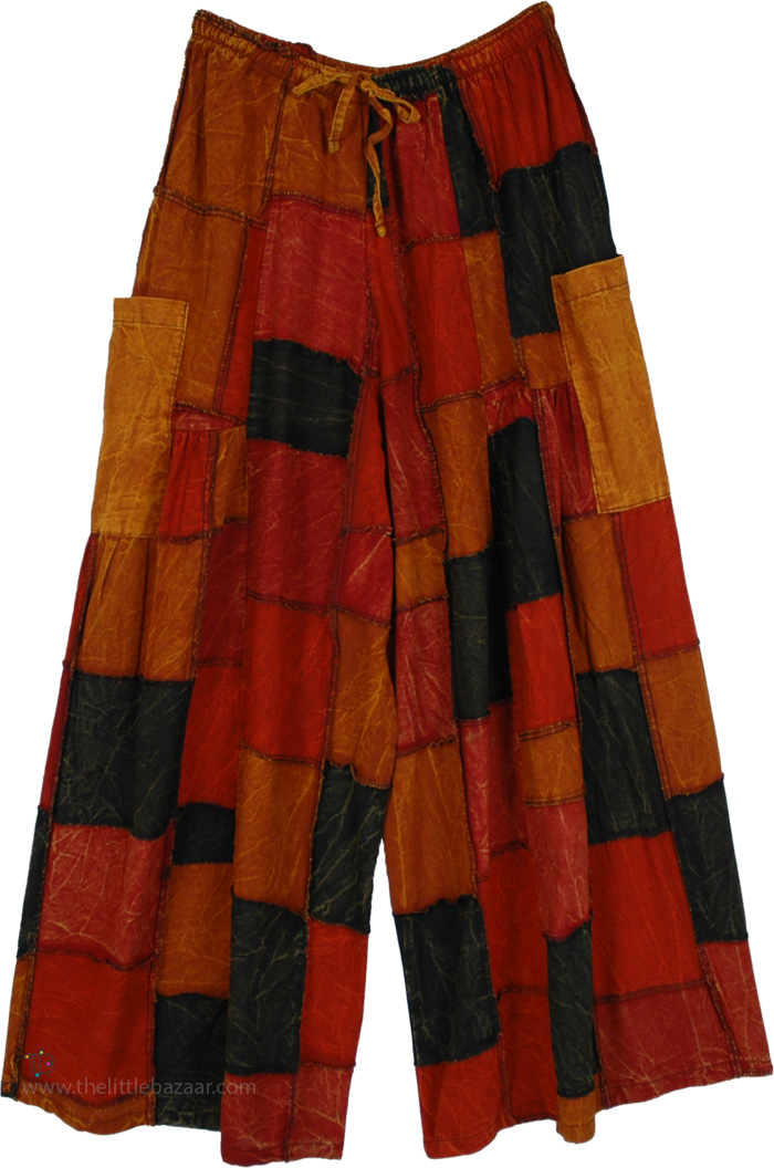 Fiery Sunset Patchwork Wide Leg Boho Pants