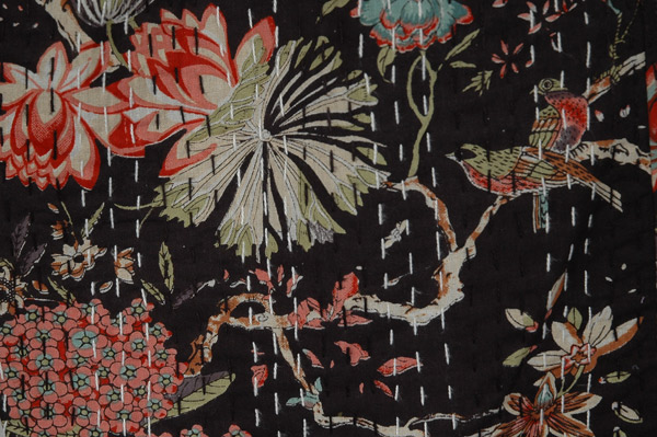 Black Coral Bloom Kantha Cotton Pants with Pockets