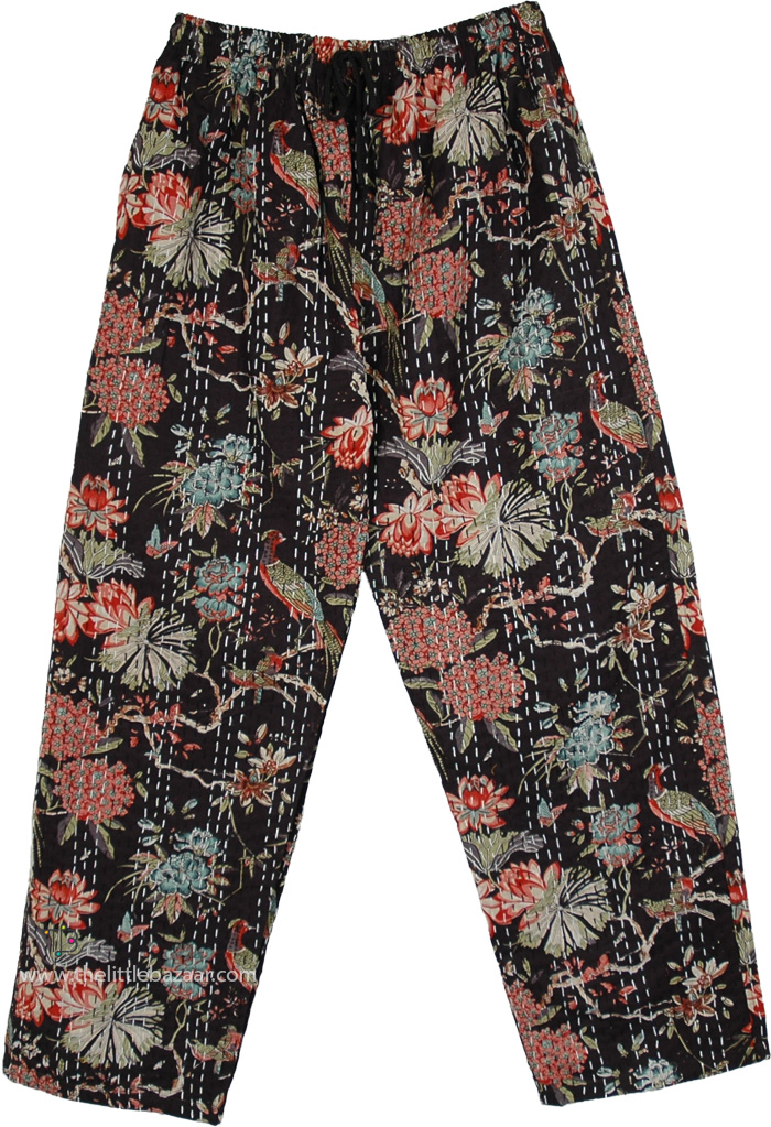 Black Coral Bloom Kantha Cotton Pants with Pockets