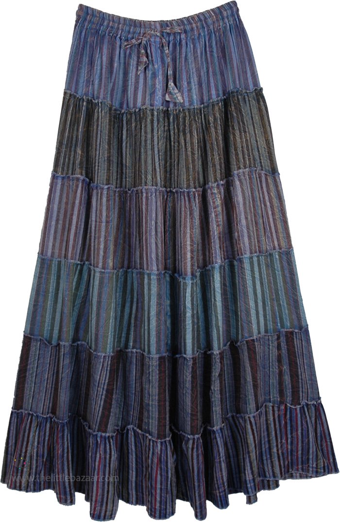 Alternative Stripe Patchwork Peasant Skirt, Cotton Tiered Patchwork Maxi Skirt For Tall Women