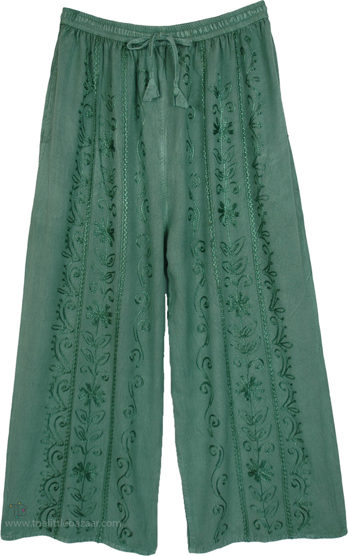 Boho Chic Summer Split Pants in Rayon , Mint Meadow Embroidered Wide Leg Pants