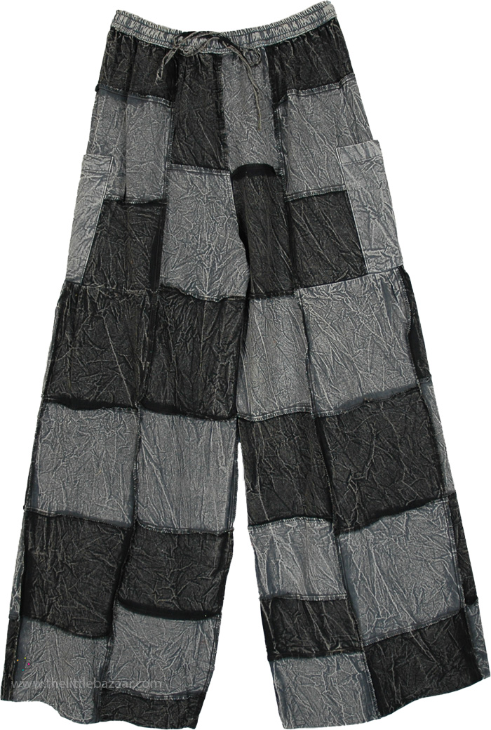 Boho Tribal Flare Leg Lounge Pants with Patchwork, Smoky Checkerboard Wide Leg Tall Boho Pants