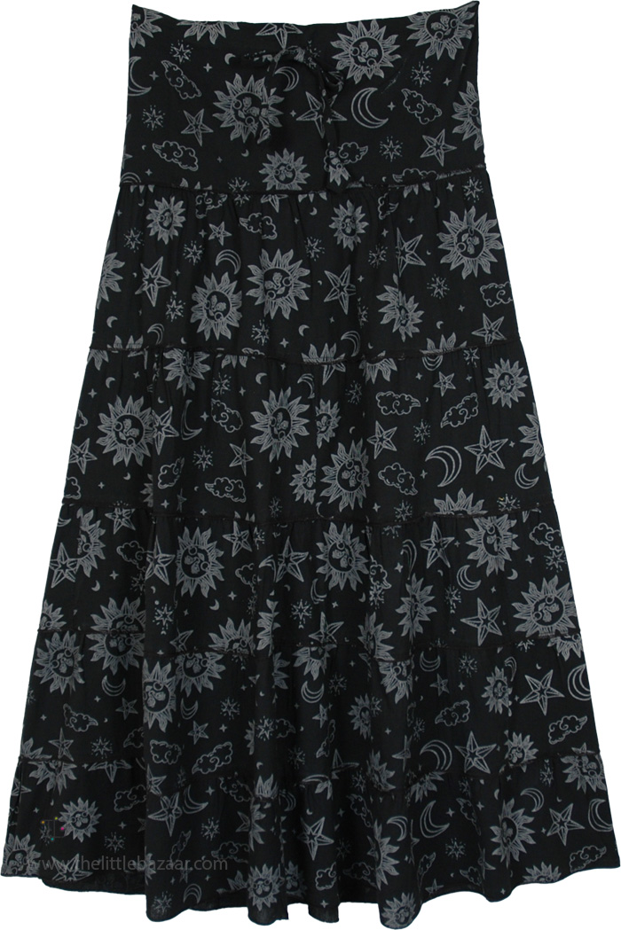 Black Star Moon Tiered Cotton Mystical Skirt