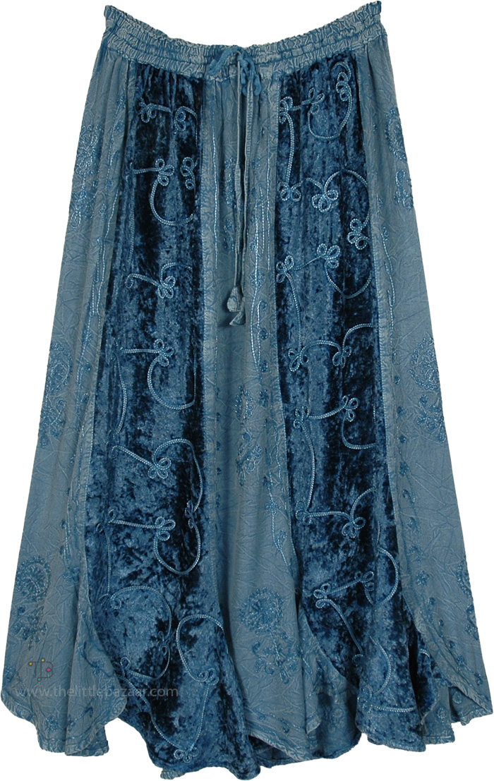 Ocean Blue Velvet Embroidered Panels Maxi Skirt