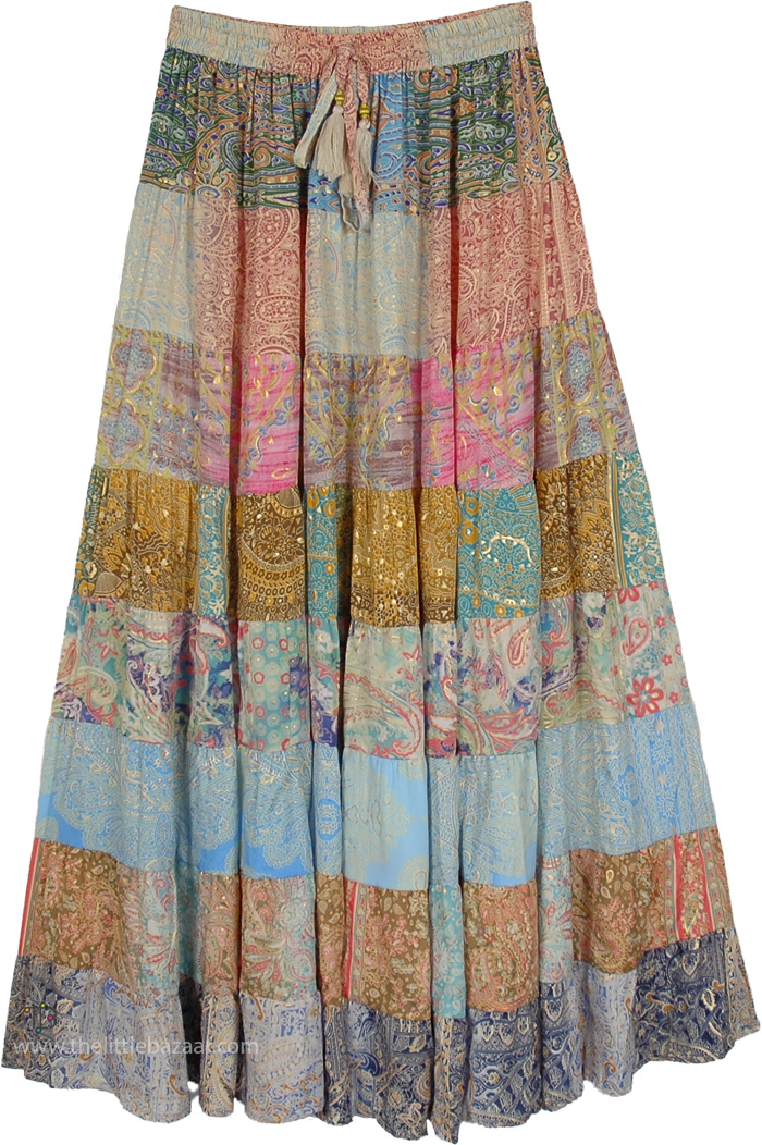 Coral Sunset Multi Panel Maxi Long Skirt