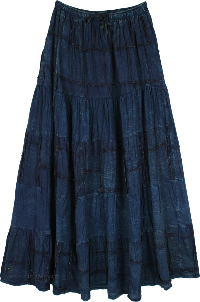 Cotton Solid Patchwork Maxi Skirt with Elastic Drawstring Waist, Deep Denim Blue Patchwork Tier Maxi Boho Skirt
