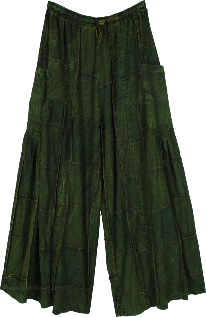 Hippie Season Fun Cotton Green Patchwork Pants, Exquisite Emerald Patchwork Wide Leg Boho Pants