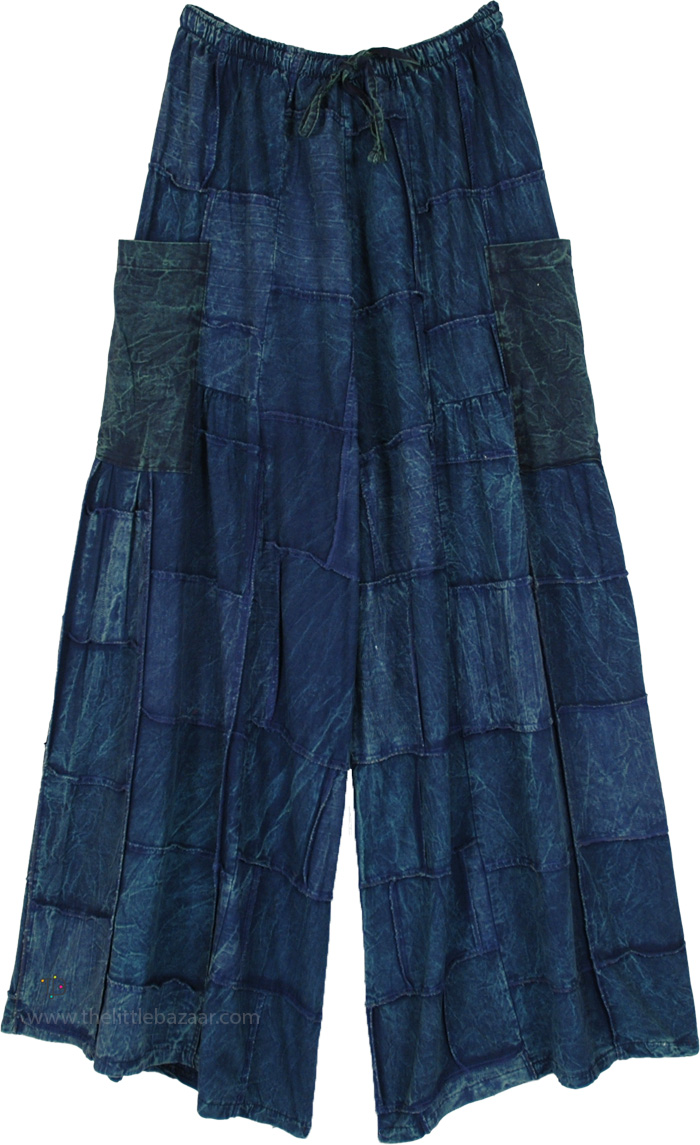 Deep Denim Patchwork Wide Leg Boho Pants