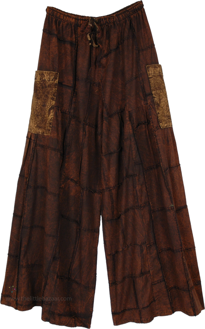 Hippie Season Fun Cotton Brown Patchwork Pants, Mahogany Patchwork Wide Leg Pants with Pockets