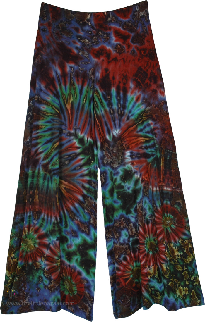 Multicolored Dark Viscose Wide Leg Pants, Amazon Rainforest Tie Dye Soft Palazzo Pants