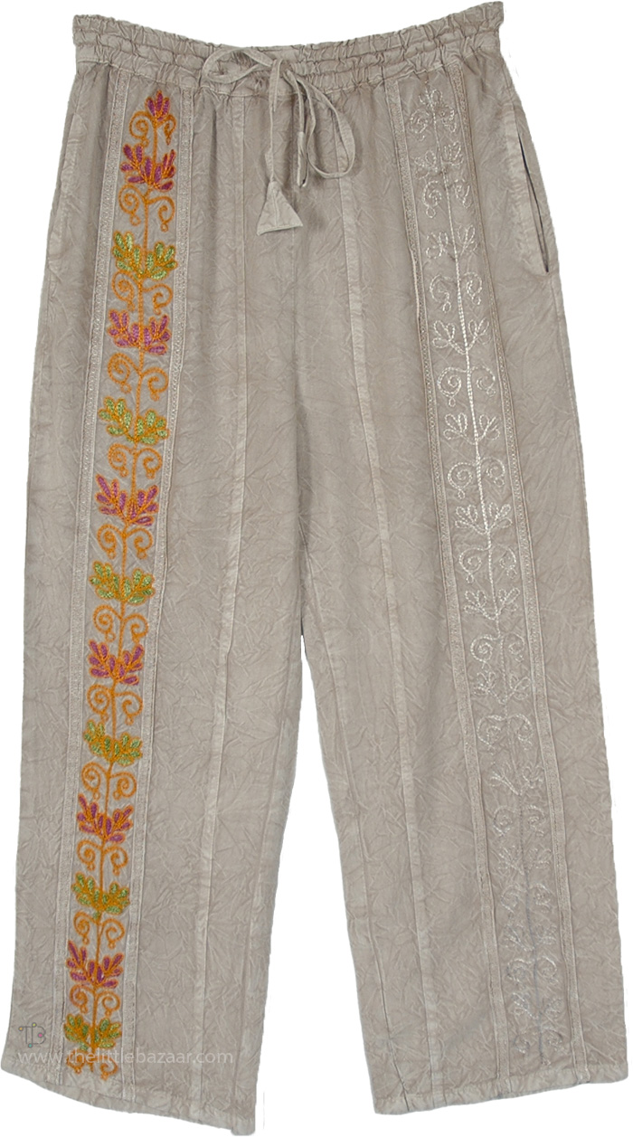 Natural Vine Embroidered Rayon Straight Leg Pants