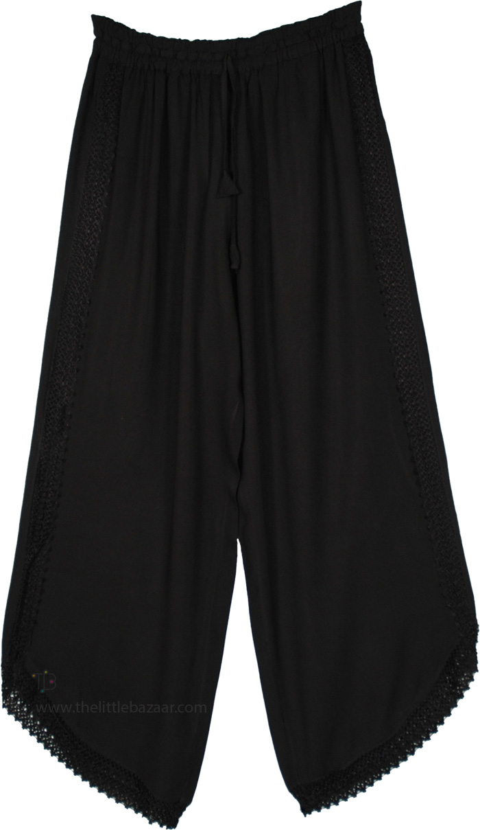Midnight Ebony Lace Trim Wide Leg Everyday Pants