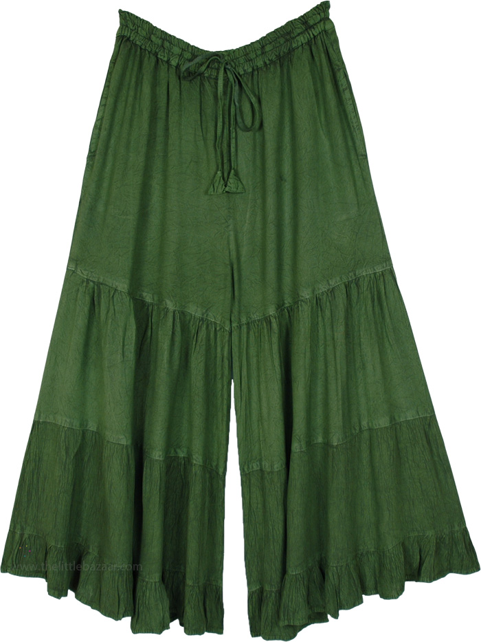 Fun Gypsy Festival Summer Wide Pants in Green, Fresh Fern Loose Tiered Petite Wide Leg Pants