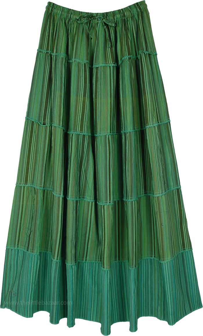 Alternative Stripe Patchwork Peasant Skirt, Forest Layers Tiered Nomad Vibes Maxi Skirt