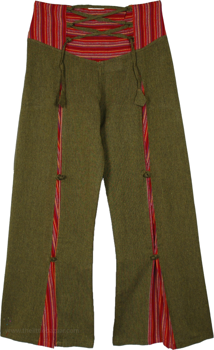 Olive Green Woven Cotton Adjustable Pants