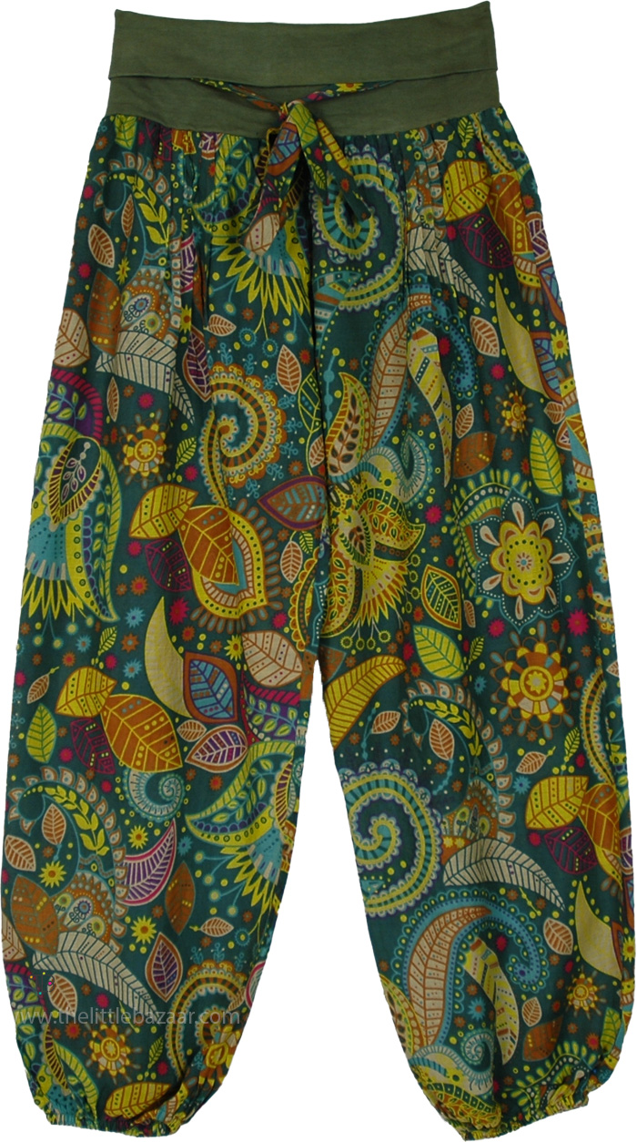 Crete Green Foldover Waist Ankle Elastic Pants