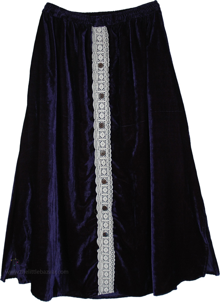 Martinique Navy Velvet Lace-Trim Maxi Skirt with Pockets