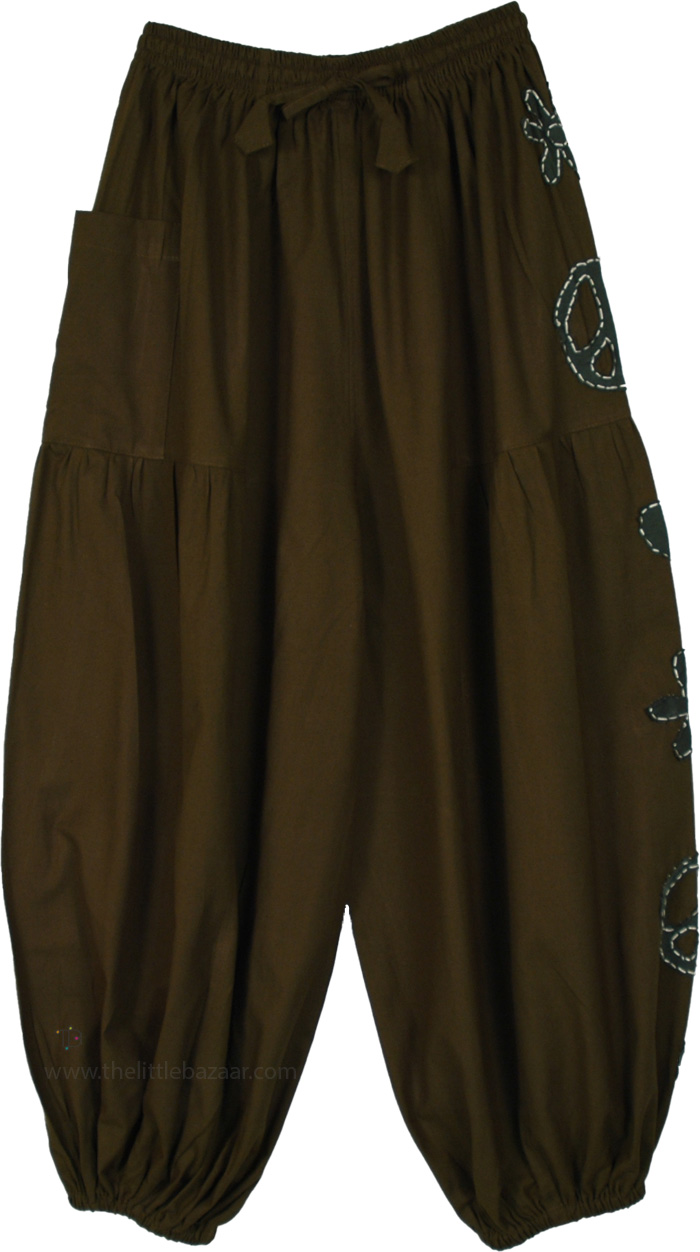 Hippie Season Fun Cotton Green Peace Harem Pants, Free Spirited Deep Olive Roomy Harem Pants