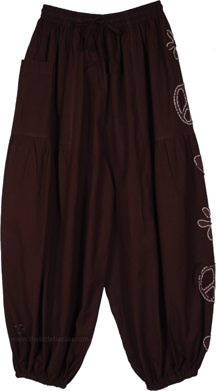 Dark Cocoa Peace Heart Hippie Harem Pants
