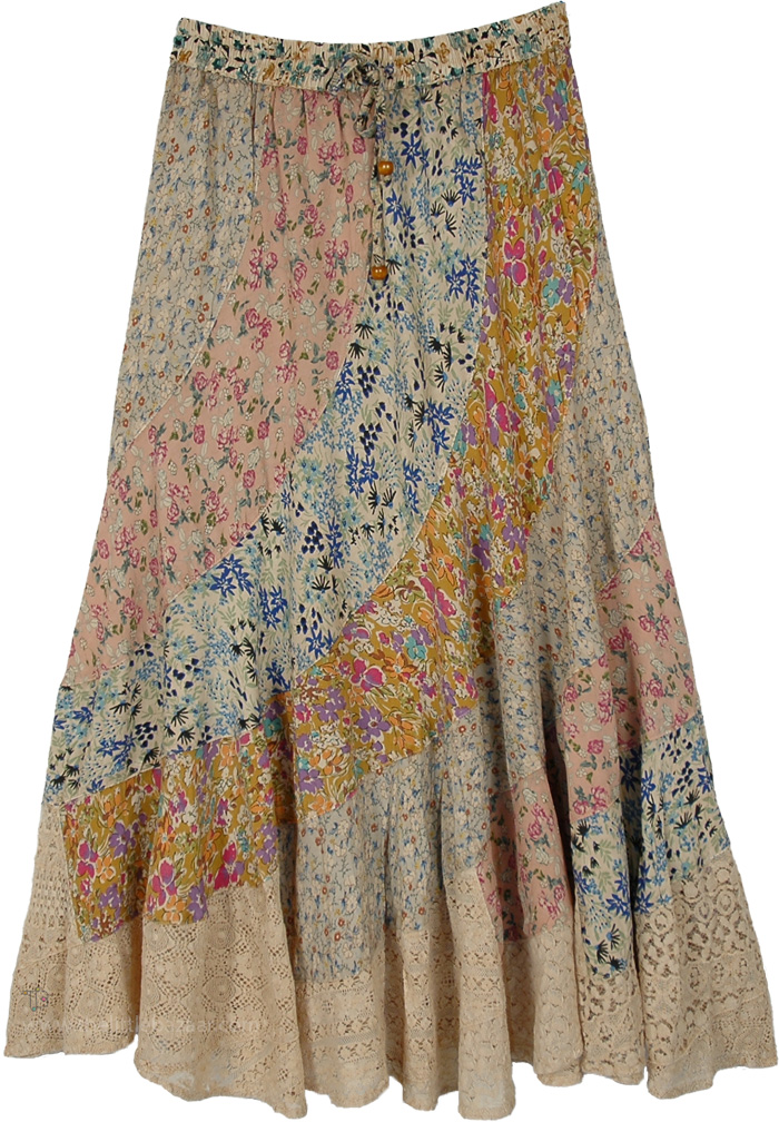 Alternative Stripe Patchwork Peasant Skirt, Cream Latte Floral Vertical Patchwork Midi Skirt