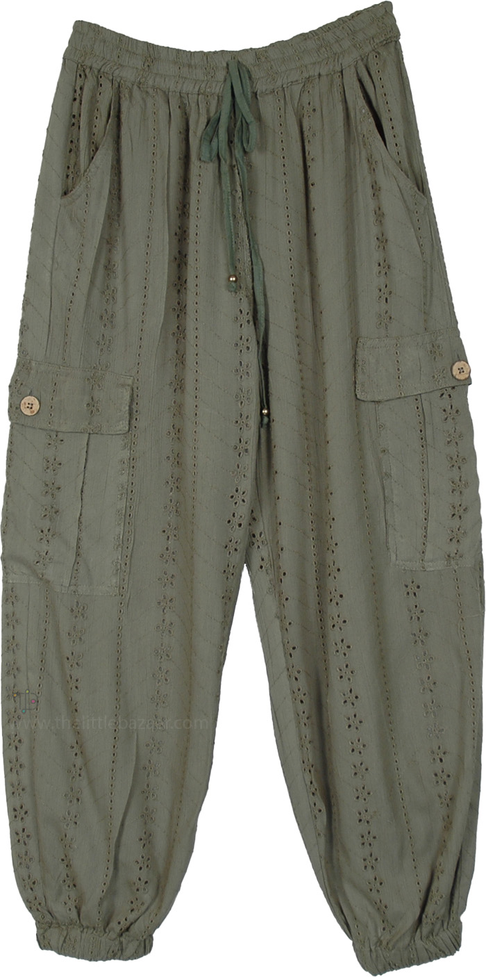 Dusty Green Eyelet Six-Pocket Harem Joggers, Olive Eyelet Cotton Cargo Harem Joggers Pants