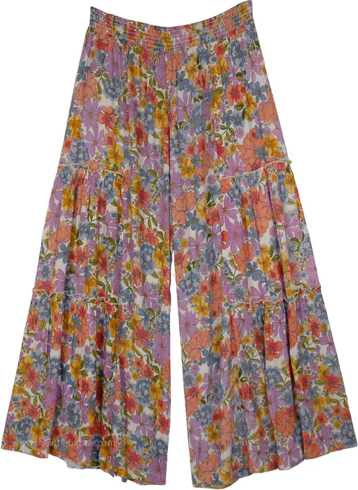 Lavender Floral Sweep Wide Leg Boho Pants