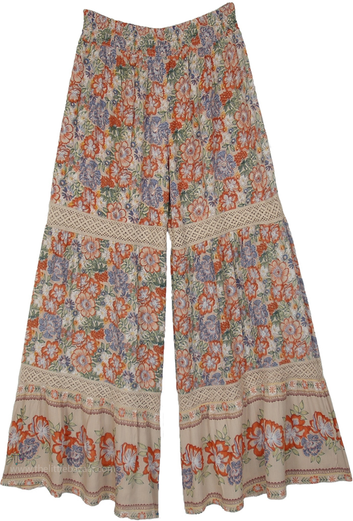 Burnt Orange Floral Lace Insert Palazzo Pants, Sun-Washed Orange Tiered Lace Boho Palazzos