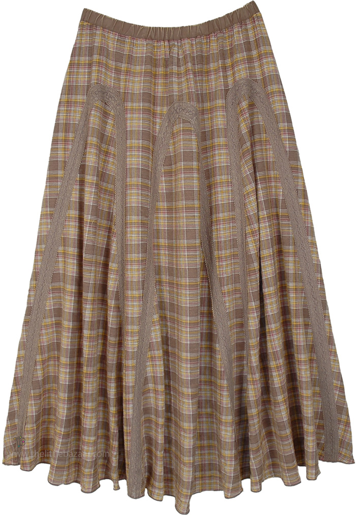 Warm Earth-Tone Plaid Boho Maxi Skirt