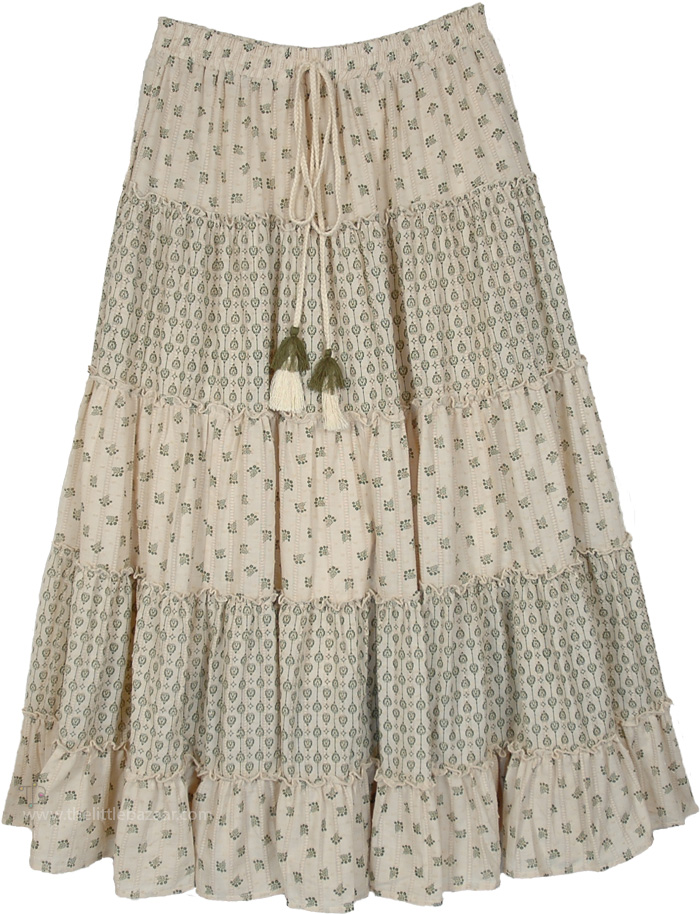 Cream Botanical Floral Tiered Linen Skirt