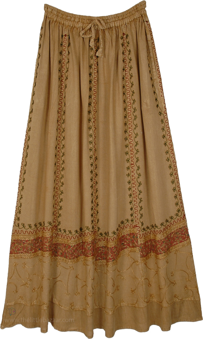 Warm Tan Embroidered Maxi Skirt with Pockets