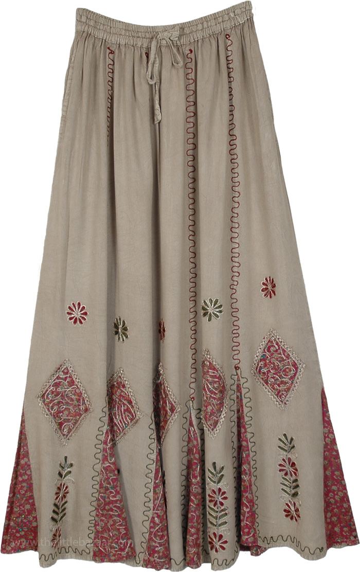 Greige Floral Patch Folk Boho Maxi Skirt