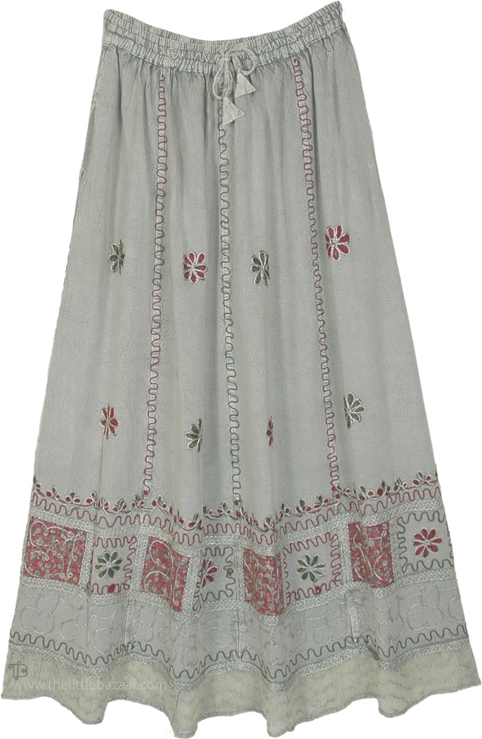Sage Green Folk Embroidered Maxi Skirt