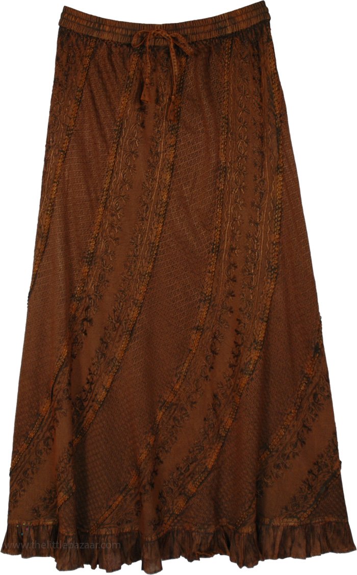Chestnut Embroidered Rayon A-line Maxi Skirt