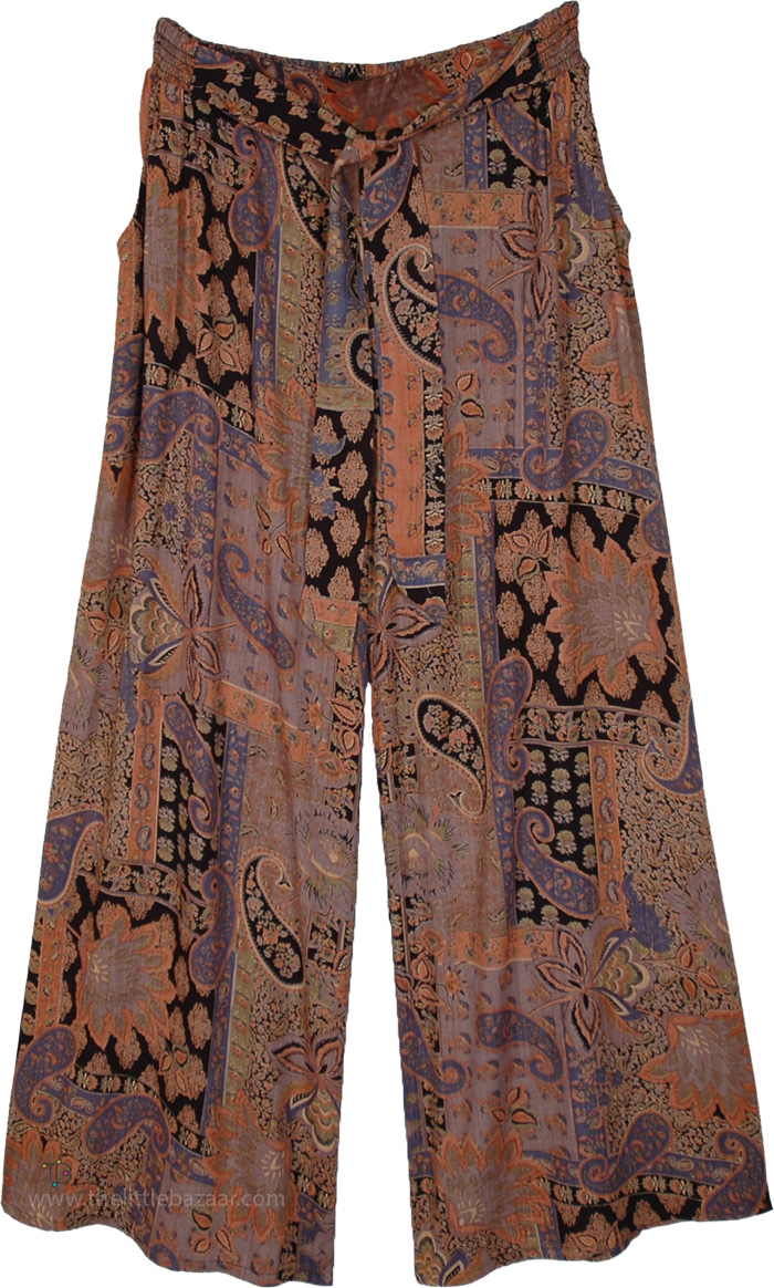 Paisley Printed Boho Floral Palazzo Pants , No Apologies Black Terracotta Wide Leg Pants