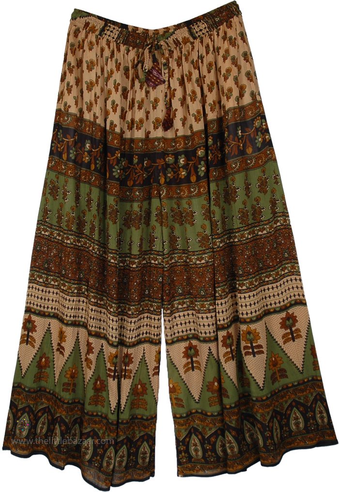 Earthy Sage Border-Print Loose Fit Lounge Pants, Floral Printed Very Wide Leg Boho Street Pants