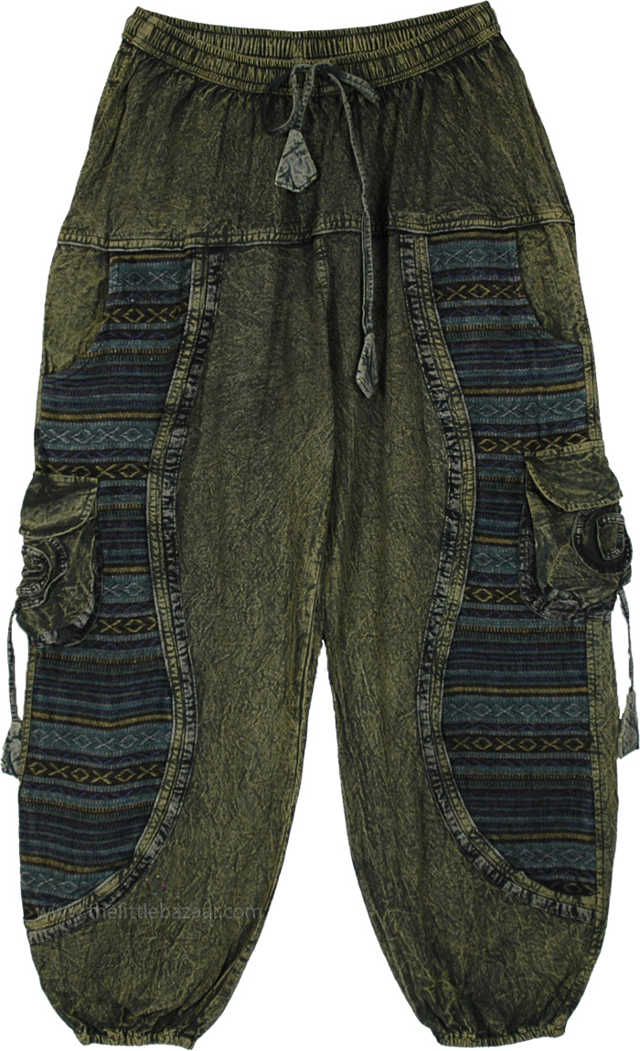 Olive Wash Tribal Patchwork Cotton Cargo Pants