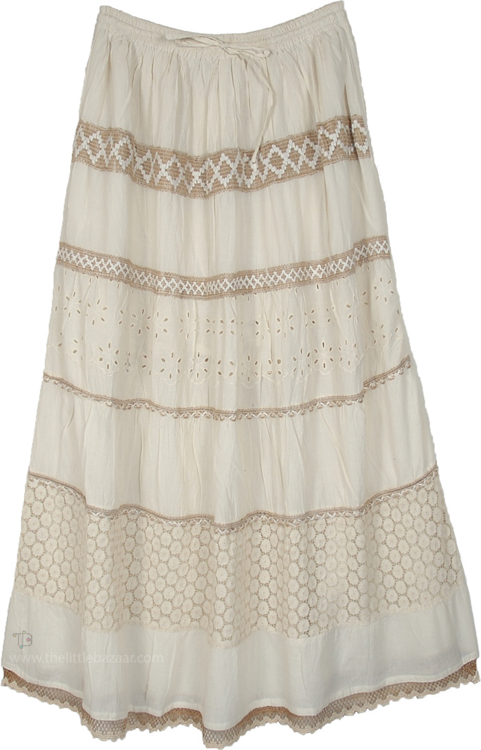 Ivory Eyelet Crochet Trim Tiered Maxi Skirt