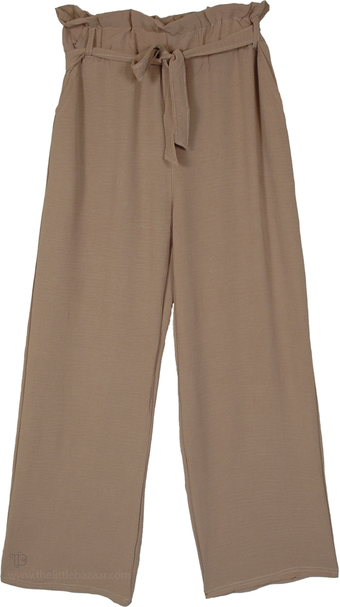Beige High Waist Straight Leg Pants Adjustable Belt , Oat Dune Paperbag Straight Leg Pants