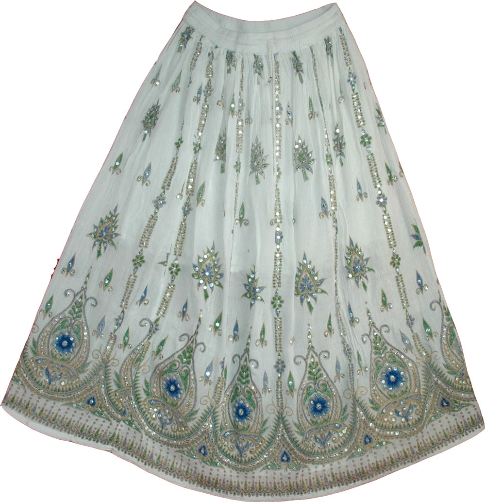 White Sequin Skirt with Floral Motifs