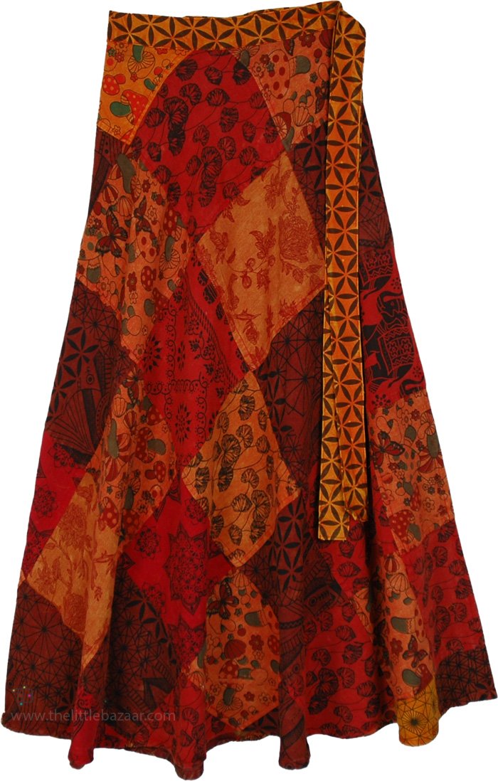Mushroom Patchwork Long Wrap Around Skirt