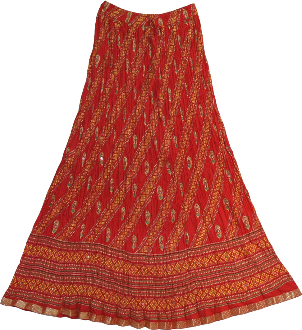 Red Womens Long Skirt with Crinkle