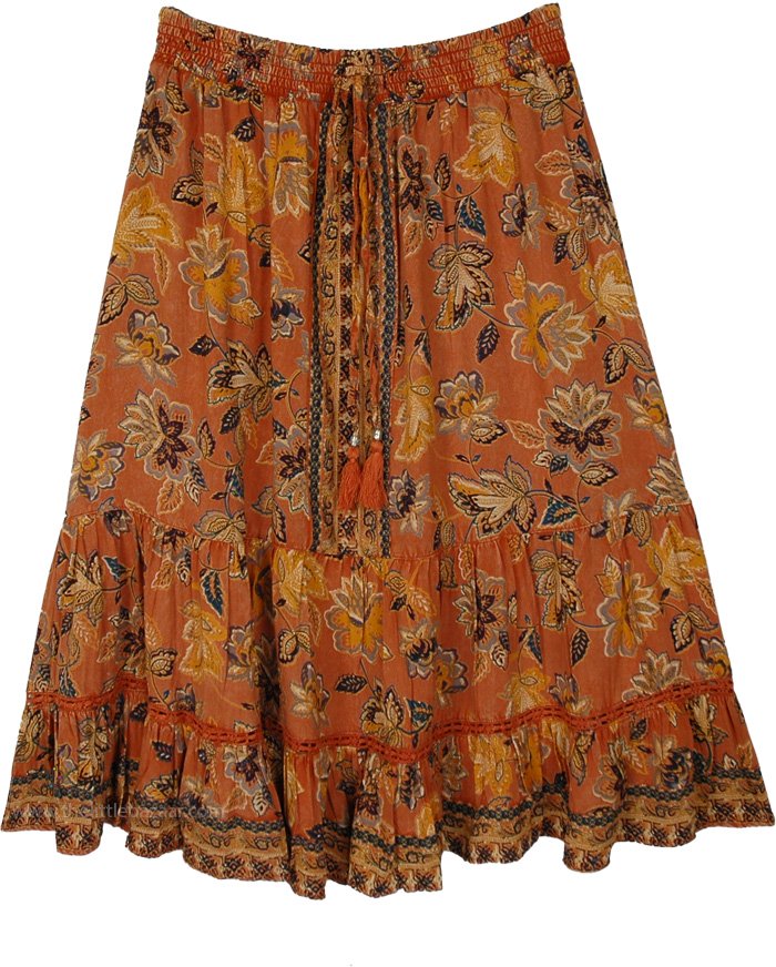 Rust Bloom Tiered Everyday Boho Midi Skirt