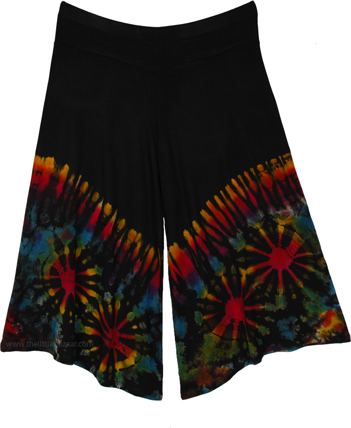 Rainbow Tie Dye Rayon Lounge Capri, Cosmic Burst Tie Dye Boho Wide Leg Capri