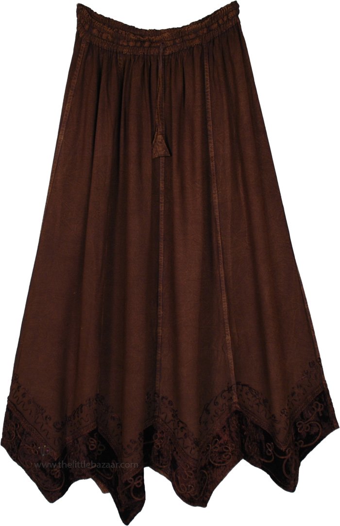 Rich Choco Maxi Skirt with Embroidered Velvet Hem