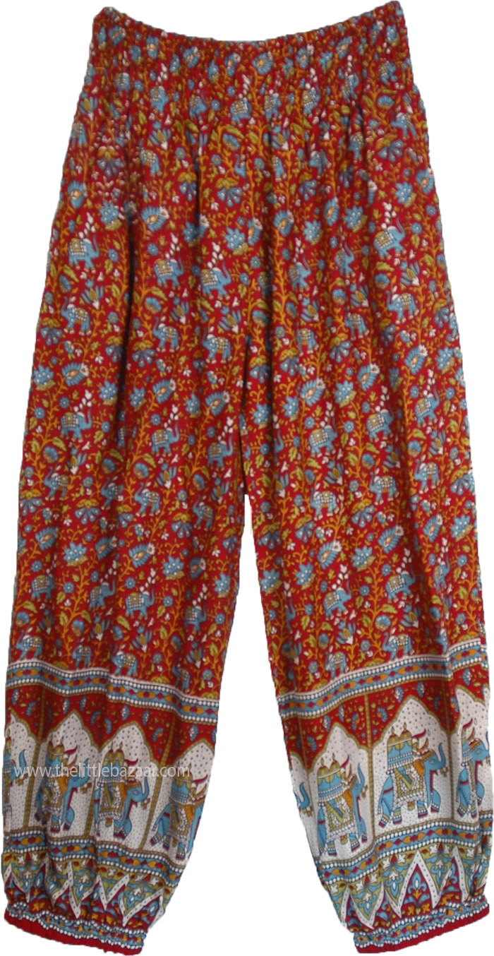 Gypsy Red Harem Pants with Blue Indian Elephant Pattern