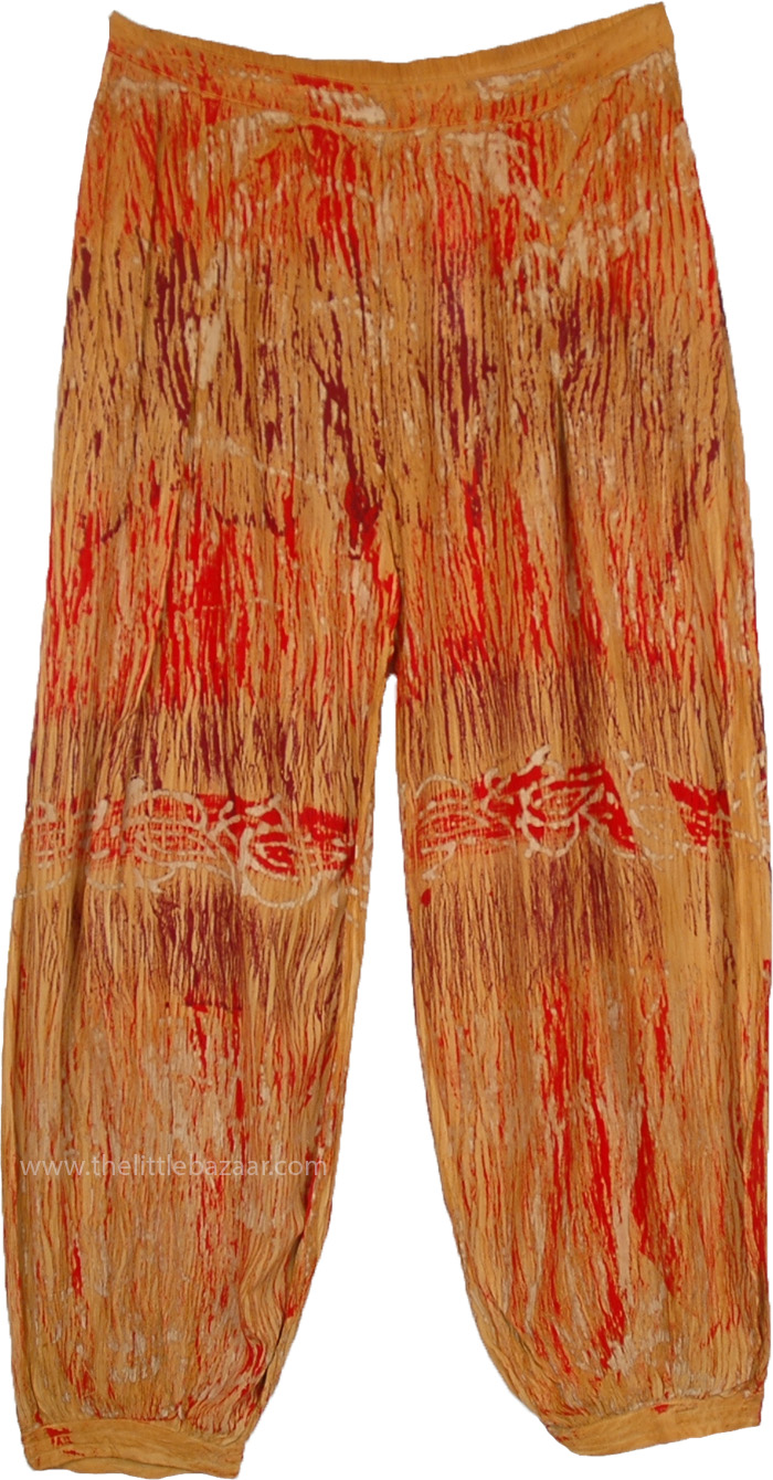 Red and Brown Gaucho Pants with Burning Flame Effect Tie Dye