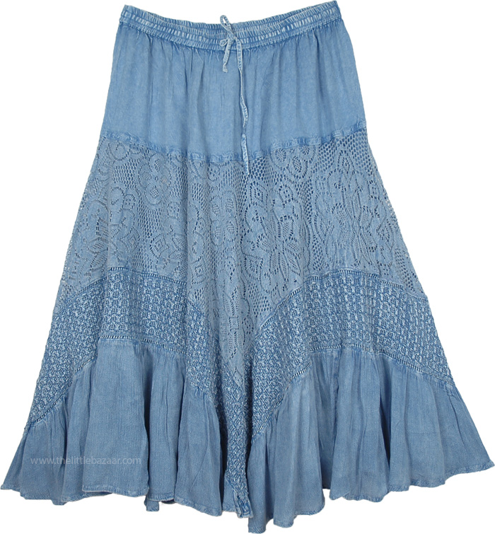 Cornflower Blue Maxi Skirt with Lace Work Tiers, Carolina Blue Long Boho Skirt with Lace Details and Tiers