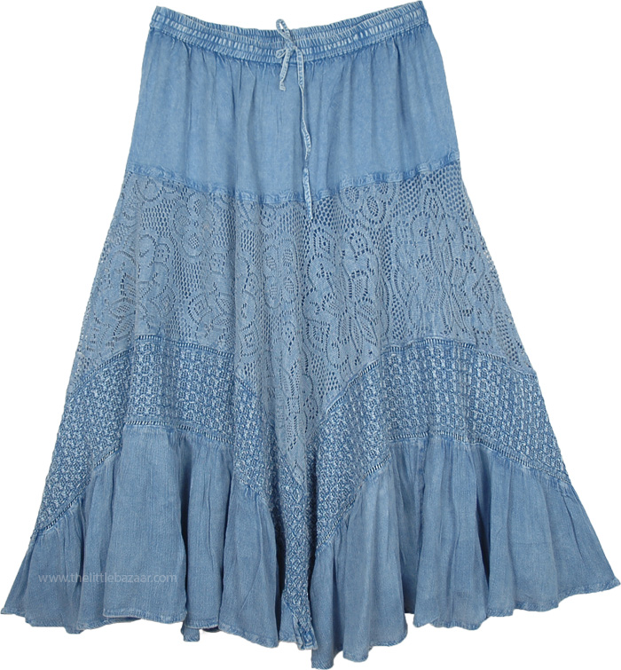 Carolina Blue Long Boho Skirt with Lace Details and Tiers | Blue ...