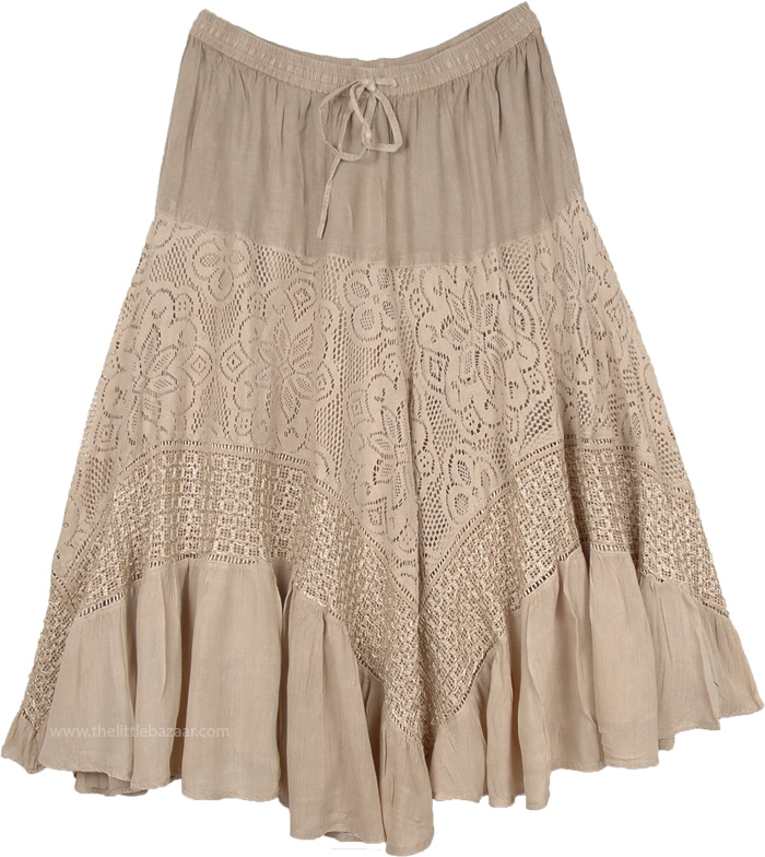 Latte Beige Western Skirt with Lace Work Tiers