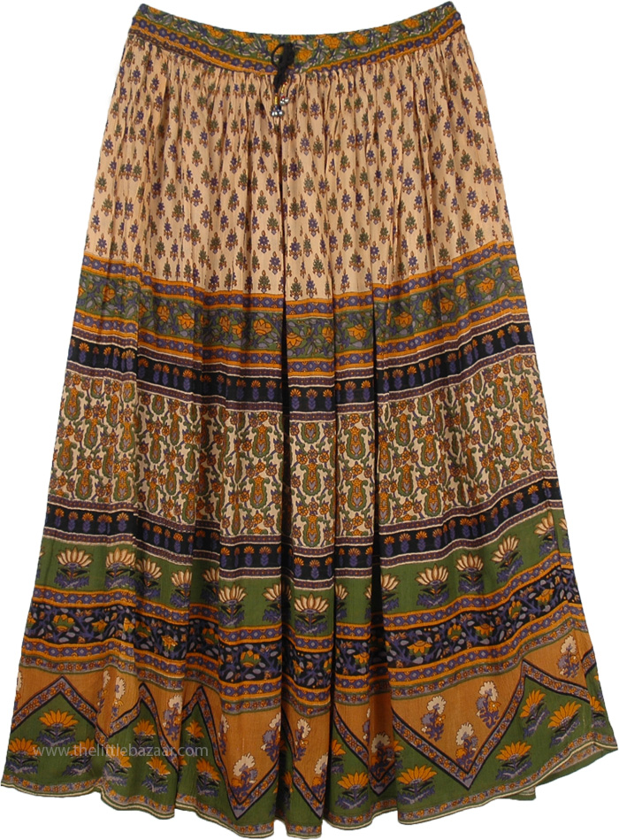 Long Rayon Skirt with Floral Designs in Dusk Orange and Green, Ethnic Gypsy Maxi Skirt with Floral Patterns in Beige